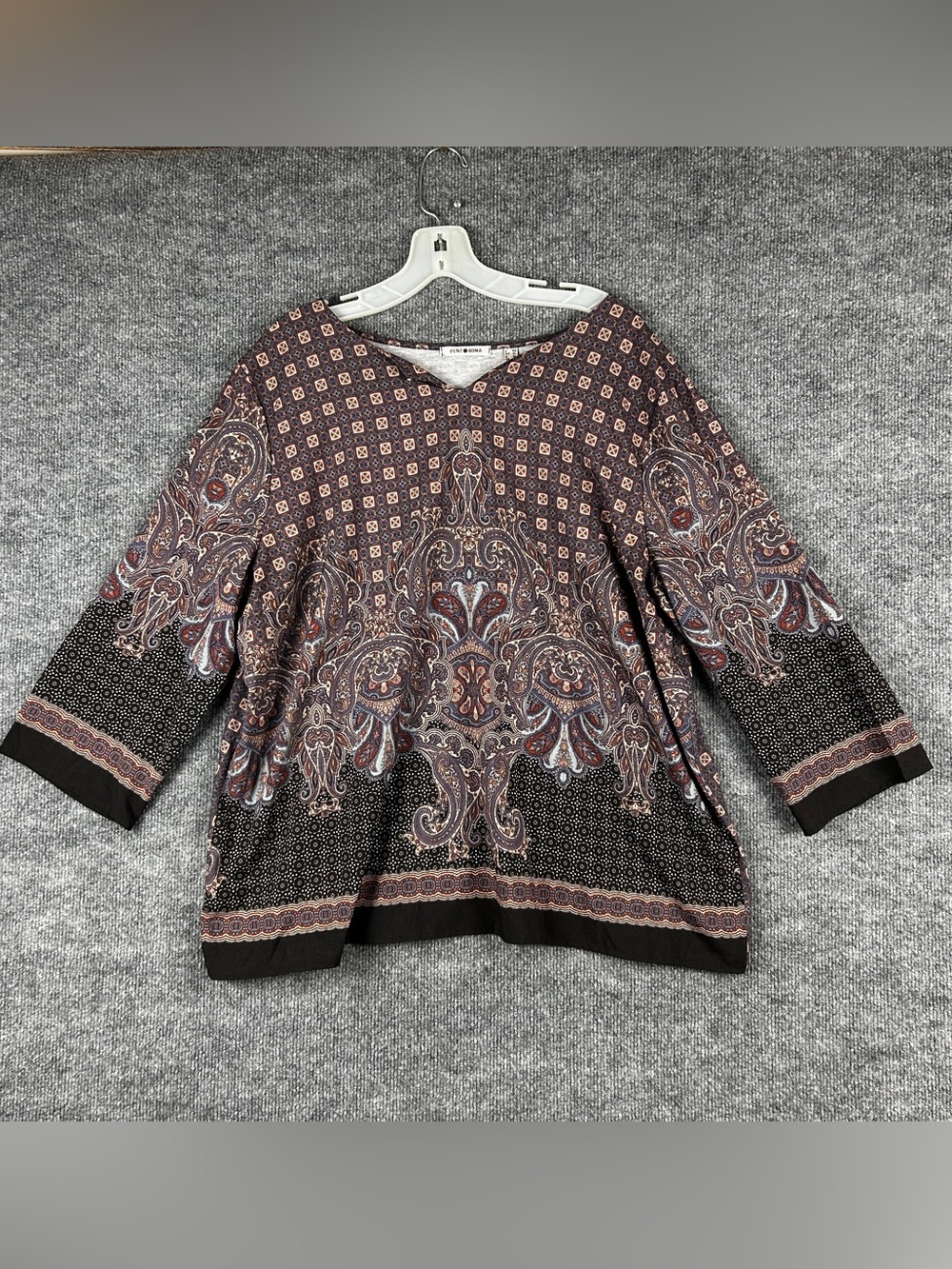 Punt Roma Brown Paisley Geometric Print 3/4 Sleeve Tunic Top Size XL Boho Top